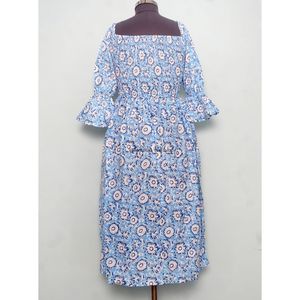 Nuevo Vestido Azul de Verano, Largo, Cuello Cuadrado, Casual, Tejido de Algodón, Mangas Campana, Silueta en A, Estampado Boho, para Fiesta - Product Image 6