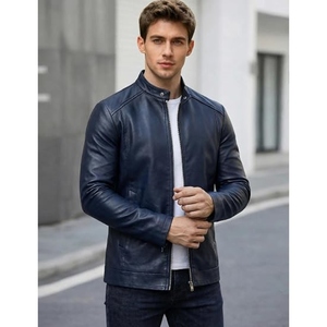 Veste en cuir de vache véritable pour homme, col montant, veste en cuir bleu marine personnalisée, veste en cuir décontractée à fermeture éclair, veste de moto en cuir - Product Image 4
