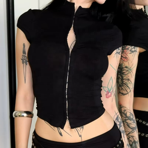 Haut à col roulé pour femme, à fermeture à crochets, très extensible, coupe ajustée, manches courtes, couleur unie, tricoté, respirant, écologique, idéal pour l'été - Product Image 4