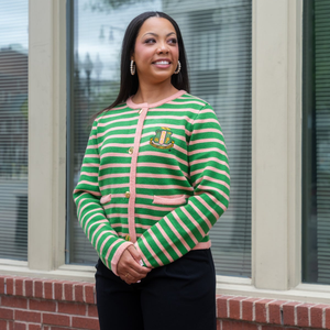 Custom Green Pink Striped Women's Embroidered <b>Cardigan</b> <b>Sweater</b> with Crest Design Long Sleeve Button Front V Neck Knit Casual - Product Image 1