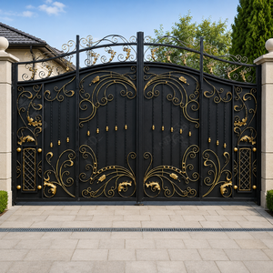 Puerta Doble Abatible de Hierro Forjado Negro y Dorado con Adornos Ornamentales para Entrada Principal de Villa, Uso en Exteriores - Product Image 6