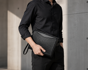 Portefeuille-pochette noir en cuir véritable, étanche, avec fermeture éclair et dragonne, forme allongée, idéal pour le bureau, les voyages et le quotidien - Product Image 3