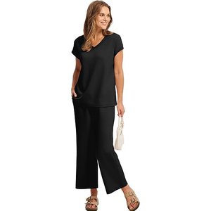 Ensemble de vêtements de détente pour femmes, fabrication directe d'usine, populaire, sur mesure, comprenant des chemises et des pantalons à jambes larges - Product Image 5