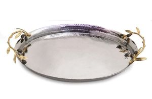 Plateau de service ovale en métal avec poignées en feuille d'or, finition martelée, style vintage, vaisselle décorative - Product Image 5
