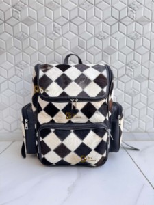 Unique Designer Cowhide Leather <b>Backpack</b> Softback Unisex Day <b>Backpack</b> Multiple Pockets Checks Design School Bag Zipper Closure - Product Image 4
