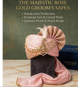 Royal Rose Gold Silk Groom Turban with Crystal Pearl Zari Wedding Safa Pagri for Men Wholesale - Product Image 3