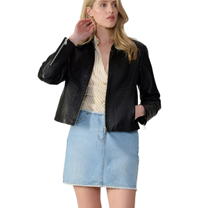 <b>Women</b> Black Genuine Leather <b>Jacket</b> Ladies Slim Fit Biker Moto Style <b>Zip</b>-<b>Up</b> Customized Logo Factory Price Wholesale OEM - Product Image 4