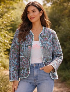 Chaqueta Corta Acolchada de Algodón Premium Hecha a Mano con Estampado Floral, Diseño Elegante con Cuello en V y Frente Abierto, Reversible y Estilosa para Mujer - Product Image 2