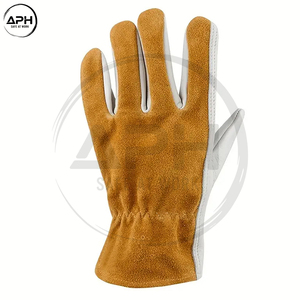 Premium Grain Cowhide Leather Driver Work <b>Gloves</b> Brown Split Suede Back Keyhole Thumb Elastic Wrist Mechanical Rigger <b>Gloves</b> - Product Image 2