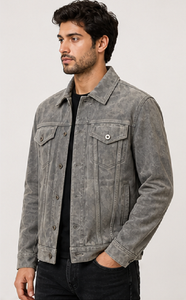 Men's <b>Suede</b> Leather <b>Jacket</b> Grey Trucker <b>Jacket</b> Button Front Casual Stylish Premium Outerwear Wholesale Windproof Heated - Product Image 2