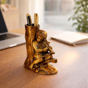 SHUBHAM Brass <b>Pen</b> Holder Figurine <b>Gold</b> Plated Polished Decorative Desk Organizer Religious Style Home Decoration - Product Image 1