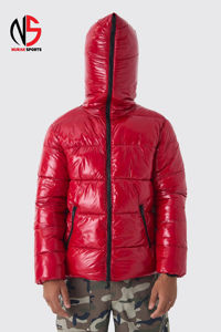 Blouson matelassé en toile à capuche zippée, rouge, coupe-vent, chaud, style hiver, nouveau modèle, rembourré, effet bulle, pour homme, chez Nurak, best-seller - Product Image 2
