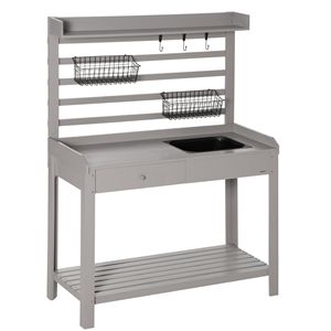 Grey Garden Potting Bench <b>Table</b> with Removable Sink Hooks Baskets and Metal Sieve Screen-for Outdoor <b>Plant</b> Care - Product Image 1