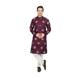 Ensemble de kurta pour homme en satin semi-soie violet avec broderies, motifs éventail métalliques et embellissements en sequins - Product Image 1