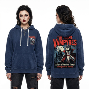 Oversized Navy Blue Hoodie Women Acid Wash Distressed Pullover Custom Vampire Horror Movie Poster Graphic Printed Sweatshirt - Product Image 1