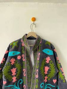 Handcrafted Women's Dark Brown Velvet Jacket Vibrant Floral Suzani Hand Embroidery Boho Chic <b>Reversible</b> Front Open Kimono <b>Coat</b> - Product Image 5