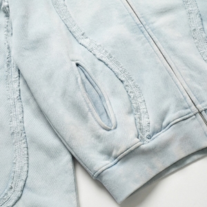 Wholesale Washed Light‑Blue Zip Hoodie with Exposed Seams | Distressed Panel Athletic Hoodie | OEM Streetwear Supplier - Product Image 3