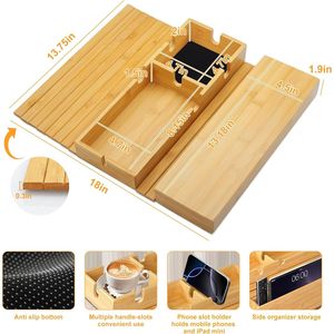Tavolino Pieghevole Portatile in Bambù con Tasca Laterale e Portabicchieri per Divano/Poltrona, Vassoio da Bracciolo Assorbente con Scatola Laterale in ABS - Product Image 2