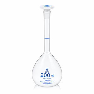 Fiole volumétrique de 200 ml, classe A, norme USP, en verre borosilicaté avec bouchon en polyéthylène, graduation bleue, verrerie de laboratoire - Product Image 4