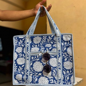 Sac fourre-tout en coton brodé bleu pour femme, motif floral bohème, fermeture éclair, sac à bandoulière quotidien - Product Image 2
