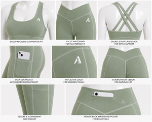 Sage Green Women Yoga Set V-Cut Scrunch Butt Leggings Cross Back Sports Bra Gym Activewear Set with Pockets - Product Image 4