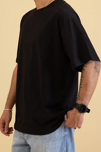 T-shirts en twill à manches courtes pour hommes, style oversize tendance, col montant, épaules tombantes, avec logo brodé, en polyester, style urbain - Product Image 2