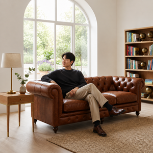Traditional Chesterfield <b>Sofa</b> Genuine Leather Three Seat Tufted Back Rolled Arms Wood Legs Living Room Furniture Leather <b>Sofa</b> - Product Image 3