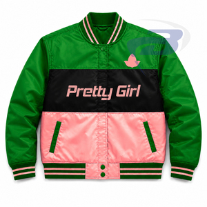 อัลฟ่า |   คาปา |   เสื้อแจ็คเก็ตครอปปักลายสำหรับผู้หญิง Alpha Sorority ชุดกีฬายูนิฟอร์มกรีกสไตล์วินเทจ สีเขียวและชมพู - Product Image 1