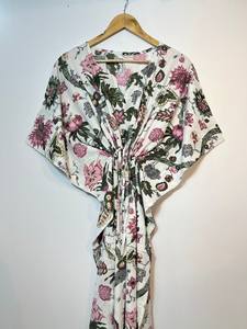 Nuevo Kaftán con Estampado Animal, Cuello en V, Cordón Ajustable, Manga Corta, Corte Evase, de Algodón Suave Indio, con Encaje, Largo Completo, para Playa, para Mujer - Product Image 5