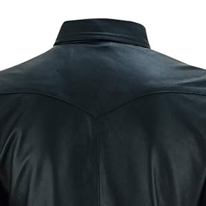 <b>Men's</b> Black Leather Look Button Up <b>Shirt</b> Long Sleeve Collared Casual <b>Western</b> Style Top with Pockets - Product Image 2