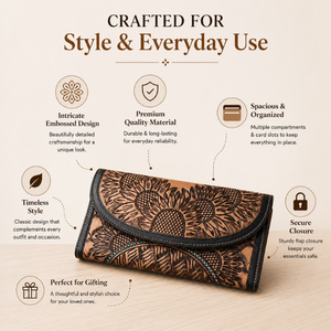 Hand Tooled Genuine Leather Sunflower Women's <b>Wallet</b> Handmade Vintage Western <b>Long</b> <b>Wallet</b> Floral Bifold Cash <b>Wallet</b> for Women - Product Image 5
