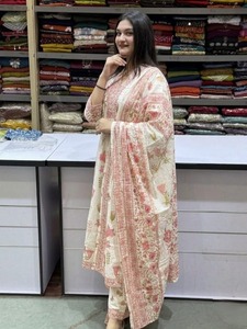 Regular Fit All Season Women Designer Pure Taj Cotton Suit Set Top Palazzo With Dupatta With Fully Handwork and Prints 3 Piece - Product Image 2