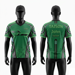 เสื้อเจอร์ซีย์ยิงธนูโพลีเอสเตอร์พรีเมียม 150 GSM สีเขียวดำไล่เฉด ระบายอากาศได้ดี ดีไซน์แผงผ้าแบบพิเศษ พร้อมโลโก้แบบซับลิเมชั่นตามสั่ง - Product Image 1