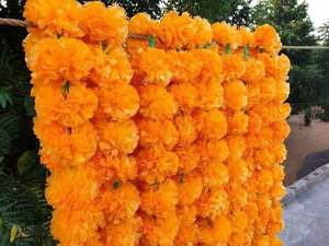 Guirlande de fleurs artificielles de haute qualité, jaunes et oranges, longues, en forme de marigold, pour décoration suspendue, mariage indien, décoration Haldi - Product Image 2