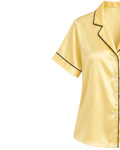Conjunto de pijama de satén amarillo pastel para mujer, ropa de dormir de seda de lujo, traje de noche con botones, ropa de descanso suave de manga corta. - Product Image 4
