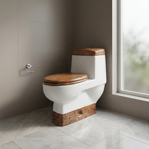 WC monobloc en céramique au design moderne avec finition bicolore en bois, cuvette élégante de designer pour ensemble de salle de bain - Product Image 2