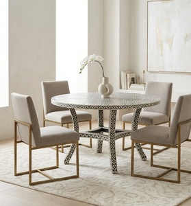 Table à manger moderne ronde en bois avec incrustations en os, table d'appoint décorative pour salon, maison, 4 places - Product Image 3