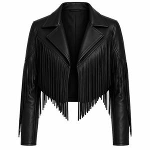 Veste en cuir véritable noire avec franges à pompons, col rabattu, coupe ajustée, longueur courte, style motard, unisexe, pour l'automne - Product Image 1