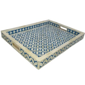 Plateau de service rectangulaire en bois fait main avec incrustations en os, plateau de rangement décoratif, plateau de mosaïque pour table basse, ottoman, petit-déjeuner et café - Product Image 5