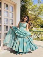 Ensemble de costume Anarkali en soie pure Teal Pure Fendy avec broderie dorée, style indien pakistanais, pour fêtes, séchage rapide, toutes saisons