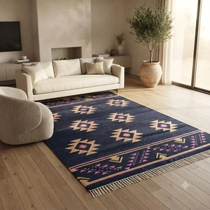 Tapis d'intérieur bleu marine en laine et jute, géométrique, style kilim, bohème, tribal du sud-ouest, tissé à la main, pour salon et ferme - Product Image 4