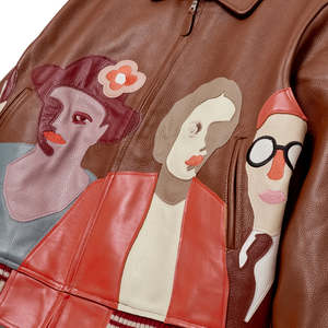 Blouson aviateur en cuir PU marron avec imprimé portrait féminin, col rabattable, fermeture éclair, style vintage pour homme, automne - Product Image 3