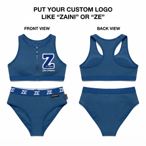 Ensemble bikini femme en nylon et élasthanne premium 280 GSM, maillot de bain extensible avec haut de sport zippé et bas taille haute, logo brodé personnalisé, bleu - Product Image 1
