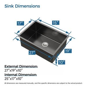 Fregadero de cocina individual de 27x19 pulgadas, hecho a mano, negro, de montaje bajo encimera, con gancho de desagüe estándar estadounidense. No se puede enviar los fines de semana. - Product Image 5