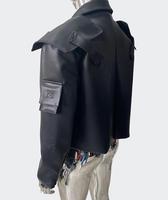 Blouson moto homme noir en cuir PU imperméable, col montant, fermeture à bouton unique, coupe ajustée, longueur standard, devant uni, hiver