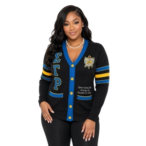 เสื้อคาร์ดิแกน SGRHO สีดำสำหรับผู้หญิง ลายตัวอักษรกรีก ติดกระดุม เสื้อถักนิตติ้ง ชุดนักศึกษา แฟชั่นลำลองสำหรับวิทยาลัย เสื้อคาร์ดิแกนสั่งทำพิเศษ - Product Image 1