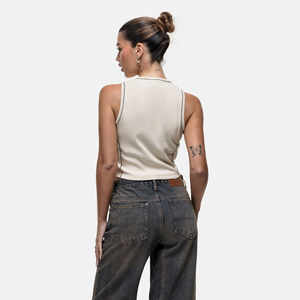 Top Corto de Punto Crema para Mujer, Cuello Redondo, Color Sólido Minimalista, Transpirable, Sin Mangas, de Spandex y Nailon - Product Image 2