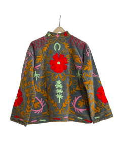 เสื้อแจ็คเก็ตกำมะหยี่สีเทอร์ควอยซ์ปักมือลายสัญลักษณ์สันติภาพ คอจีน ทรงหลวม แขนยาว สำหรับผู้หญิง - Product Image 2