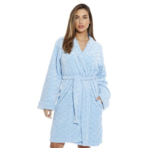 Bata de Baño de Felpa Azul Claro para Mujer, Manga Larga, Cuello en V, Largo hasta la Rodilla, Suave y Acogedora, con Cinturón y Bolsillos - Product Image 1