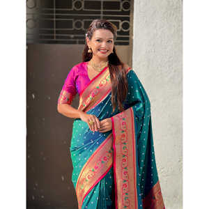 Sari en soie Elite Weaves Green Fusion avec broderie Zari, tissage Bandhani Paithani, vêtements indiens et pakistanais, 650g - Product Image 5